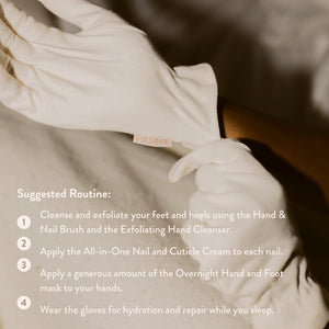 PAUME - ORGANIC COTTON OVERNIGHT GLOVES by PAUME are soft, off-white gloves with a subtle sheen, elastic wrists, and a simple design. Made from organic cotton, they’re perfect for nighttime moisturizing and shown on a matching beige background.