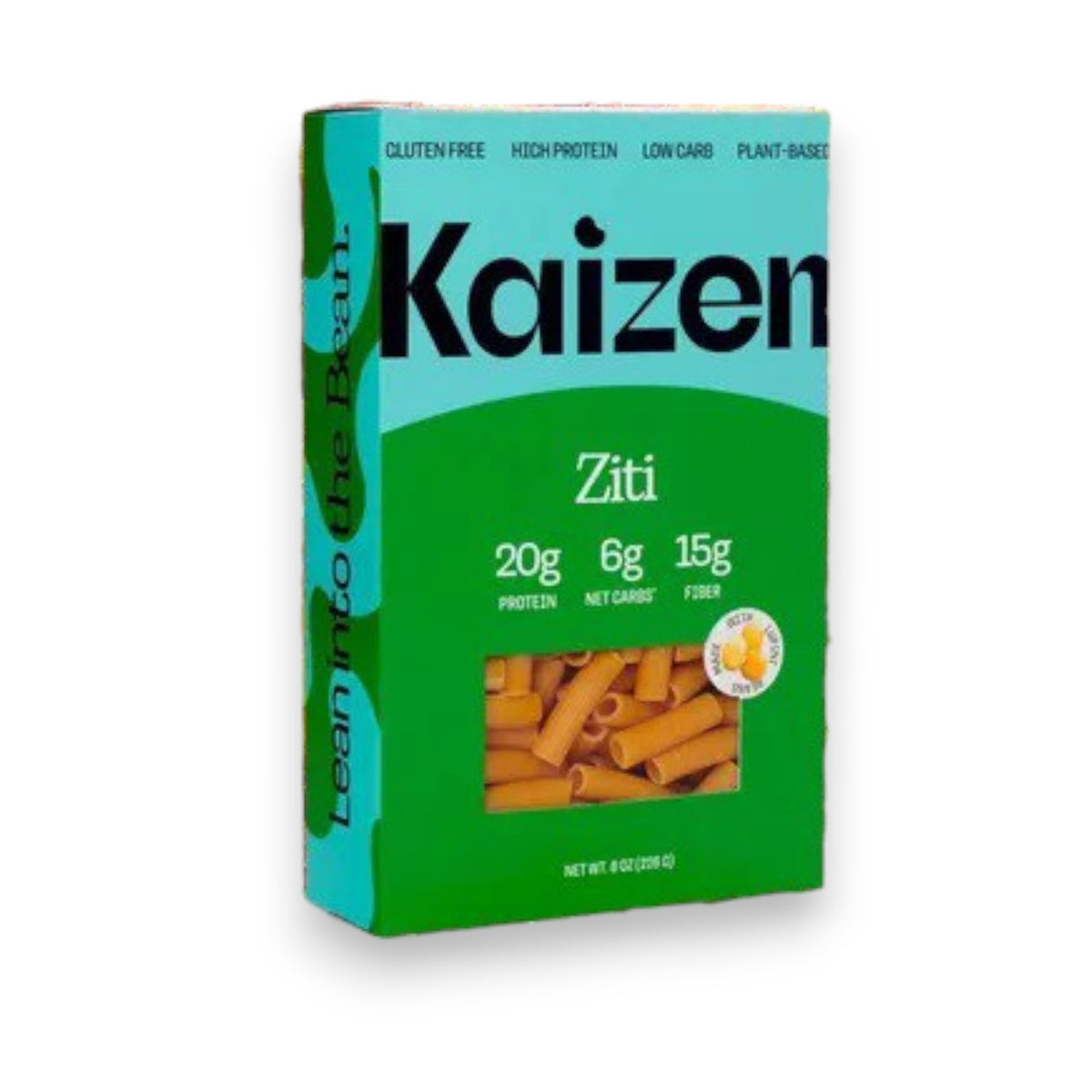A box of KAIZEN brand Ziti pasta. The turquoise and green box, adorned with "KAIZEN FOOD COMPANY" in bold black letters and "Ziti" in white, highlights attributes like "Gluten-Free," "High-Protein," "Low-Carb," and "Plant-Based." Inside is the gluten-free pasta, clearly visible through the packaging.