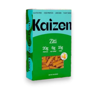 A box of KAIZEN brand Ziti pasta. The turquoise and green box, adorned with "KAIZEN FOOD COMPANY" in bold black letters and "Ziti" in white, highlights attributes like "Gluten-Free," "High-Protein," "Low-Carb," and "Plant-Based." Inside is the gluten-free pasta, clearly visible through the packaging.