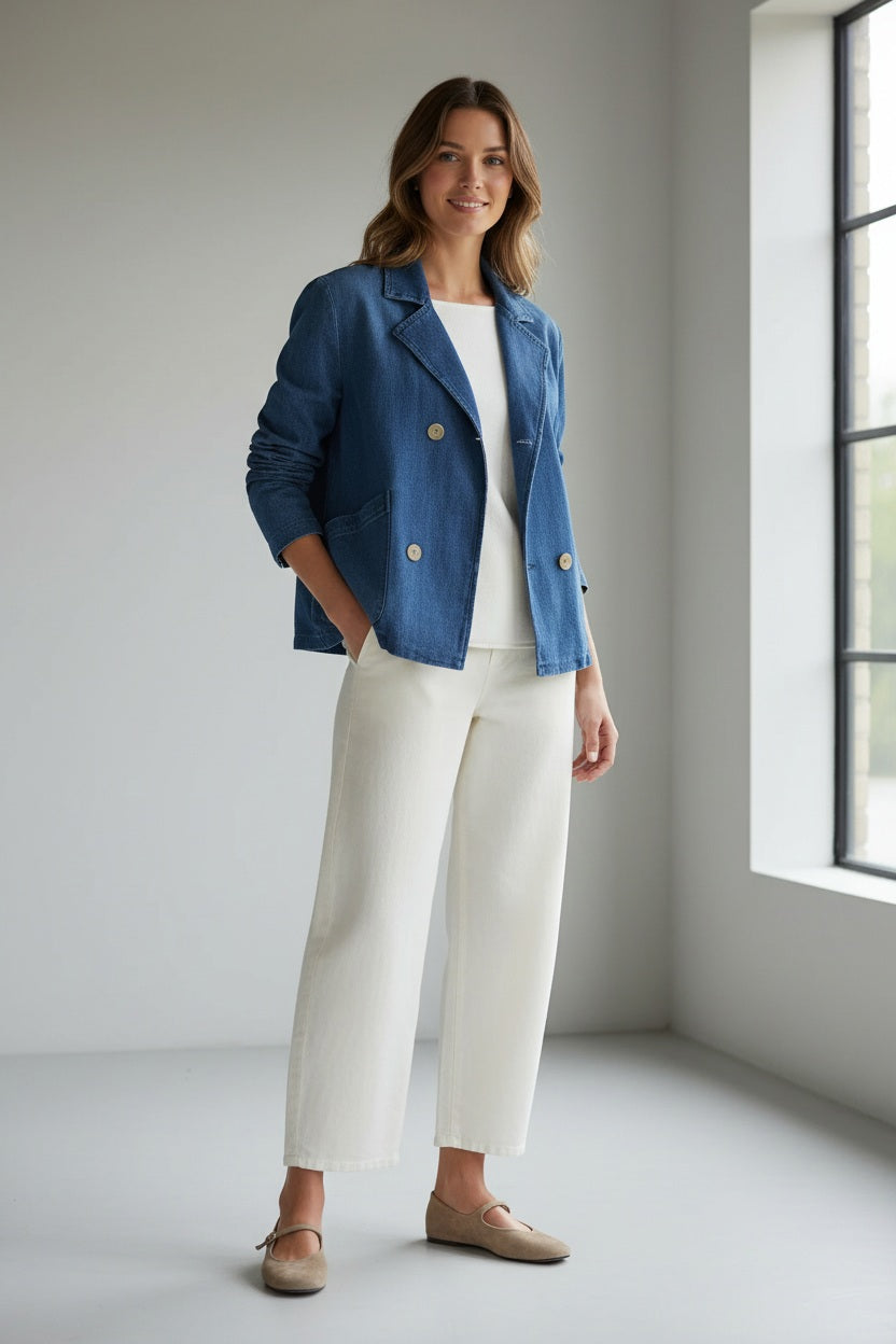 A woman stands smiling in front of a stone wall, wearing the FRANK &amp; EILEEN Mini Belfast Cropped English Peacoat in 1984 Wash Denim over a white top and white pants.
