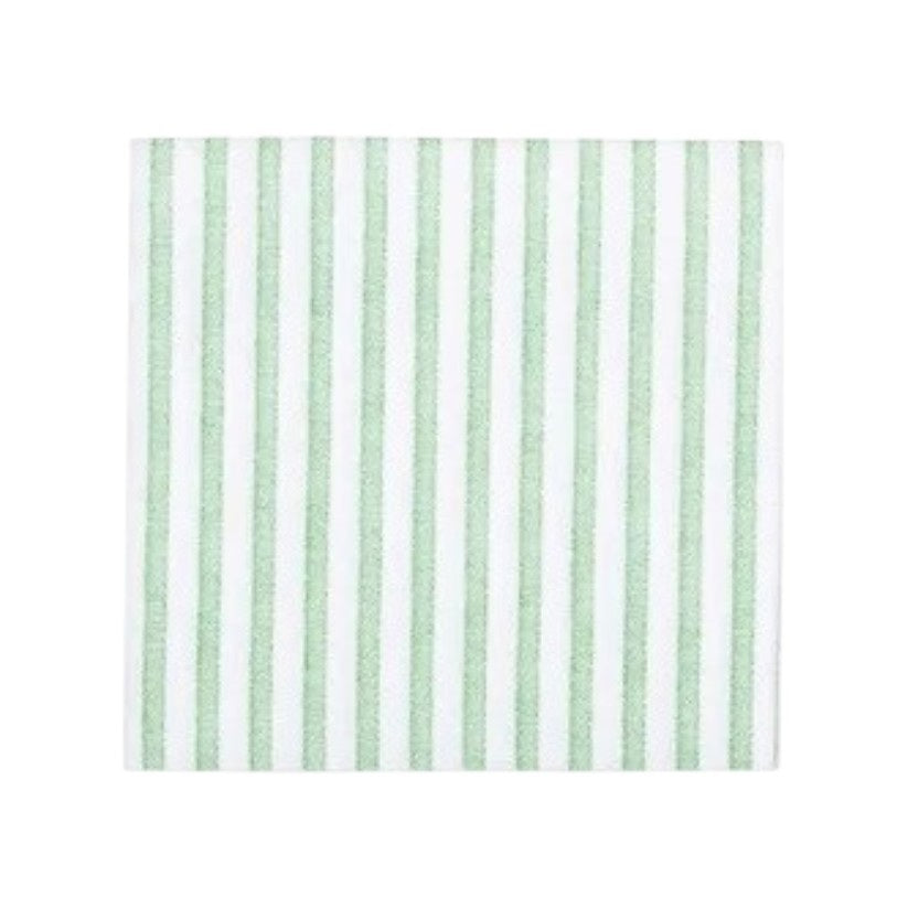 The VIETRI - CAPRI DINNER NAPKIN, GREEN, by VIETRI, features a square white design with evenly spaced vertical green stripes and is displayed against a plain white background. Made from high-quality spunlace material, this stylish paper napkin brings an elegant touch to any table setting.