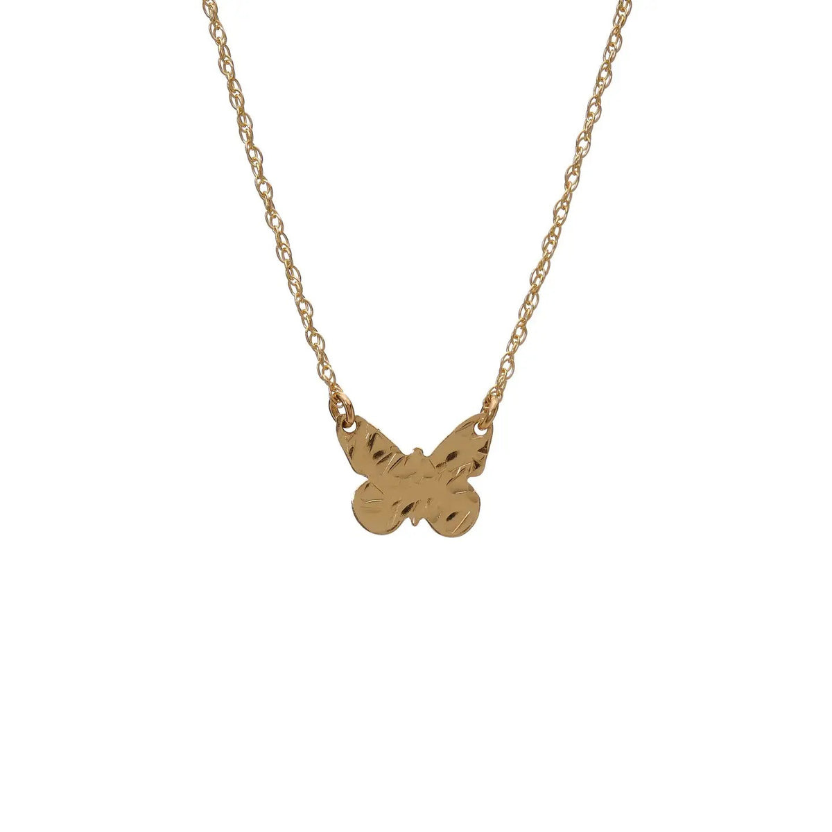 The KENDA KIST- BUTTERFLY NECKLACE by KENDA KIST features a delicate rope chain and a small, polished butterfly pendant, crafted in 14k gold filled.