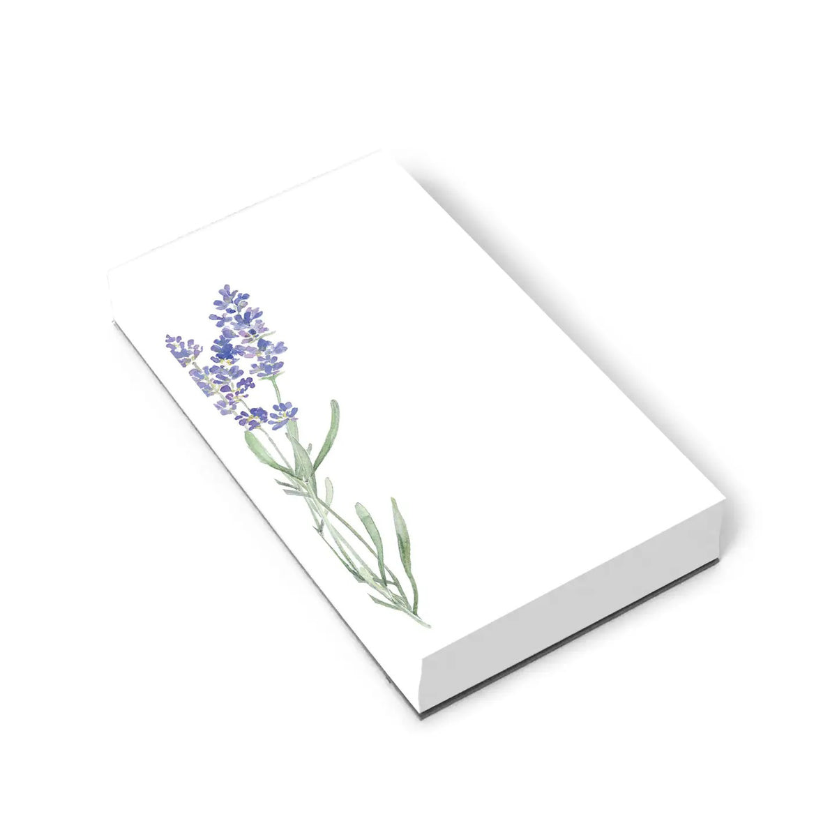 The E. FRANCES - LAVENDER MARKET NOTEPAD by E. FRANCES PAPER is a tall, rectangular white notepad made in the USA, featuring a watercolor illustration of purple lavender with green stems in the bottom left corner. The rest is blank.