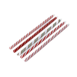 The ZODAX DRINKING STRAWS - SET OF 5 features red and white striped 7.75-inch paper straws, some with green diagonal stripes, arranged parallel on a white background to showcase their size and design.