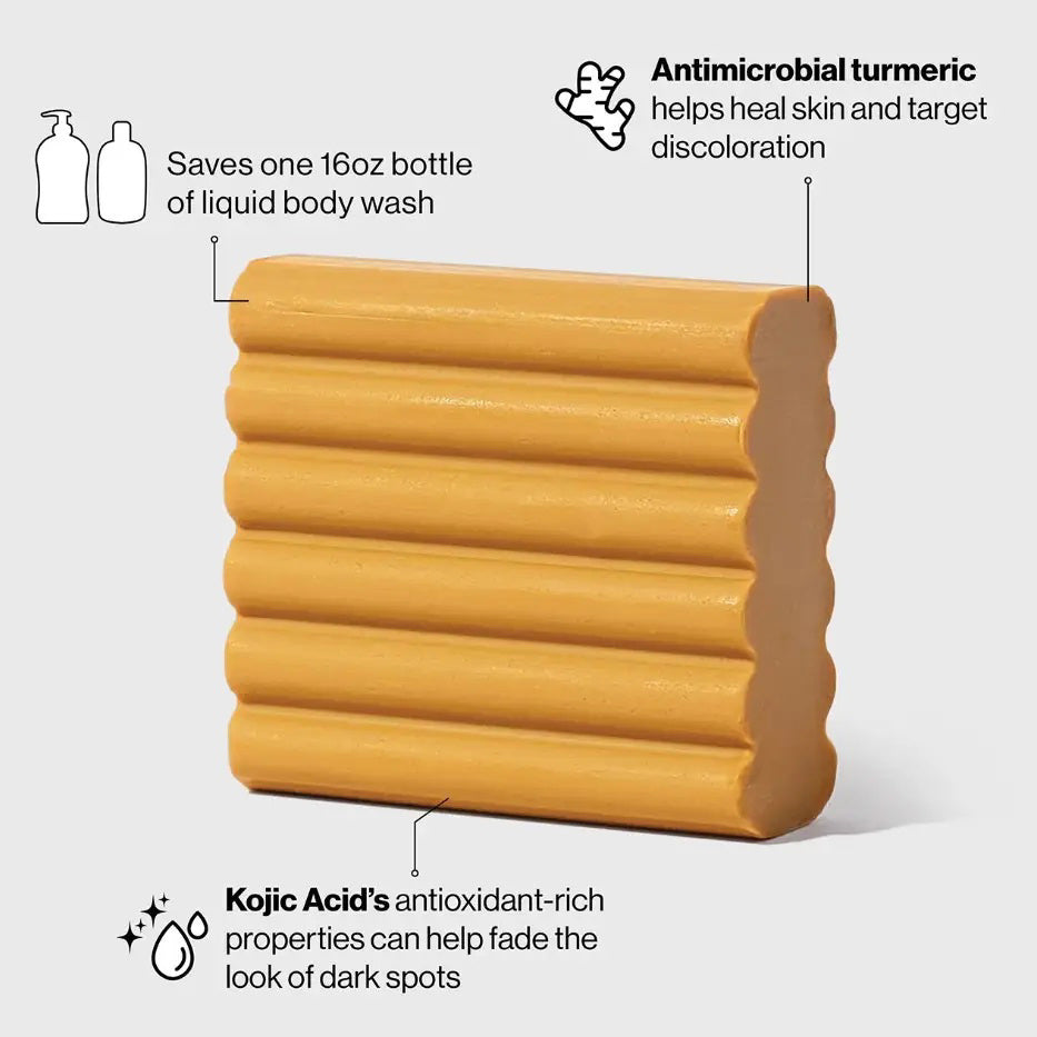 A ribbed, rectangular bar of soap is next to a yellow box labeled "KITSCH - KOJIC ACID FACE AND BODY BAR." It includes turmeric to address dark spots, pigmentation, and uneven skin tone. Net weight: 4 oz.