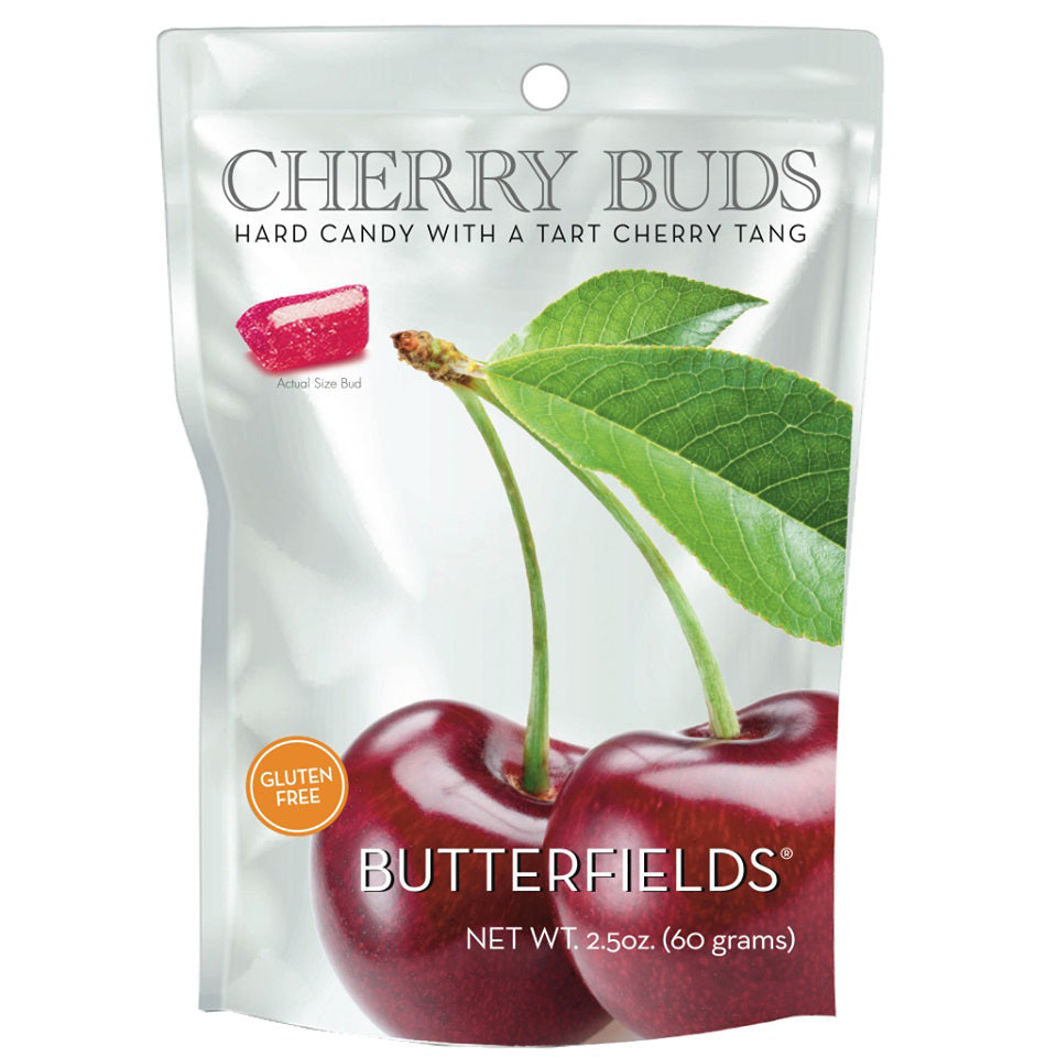 A 2.5 oz pouch of BUTTERFIELDS - CHERRY BUDS hard candies featuring an image of two fresh cherries and a single piece of candy.