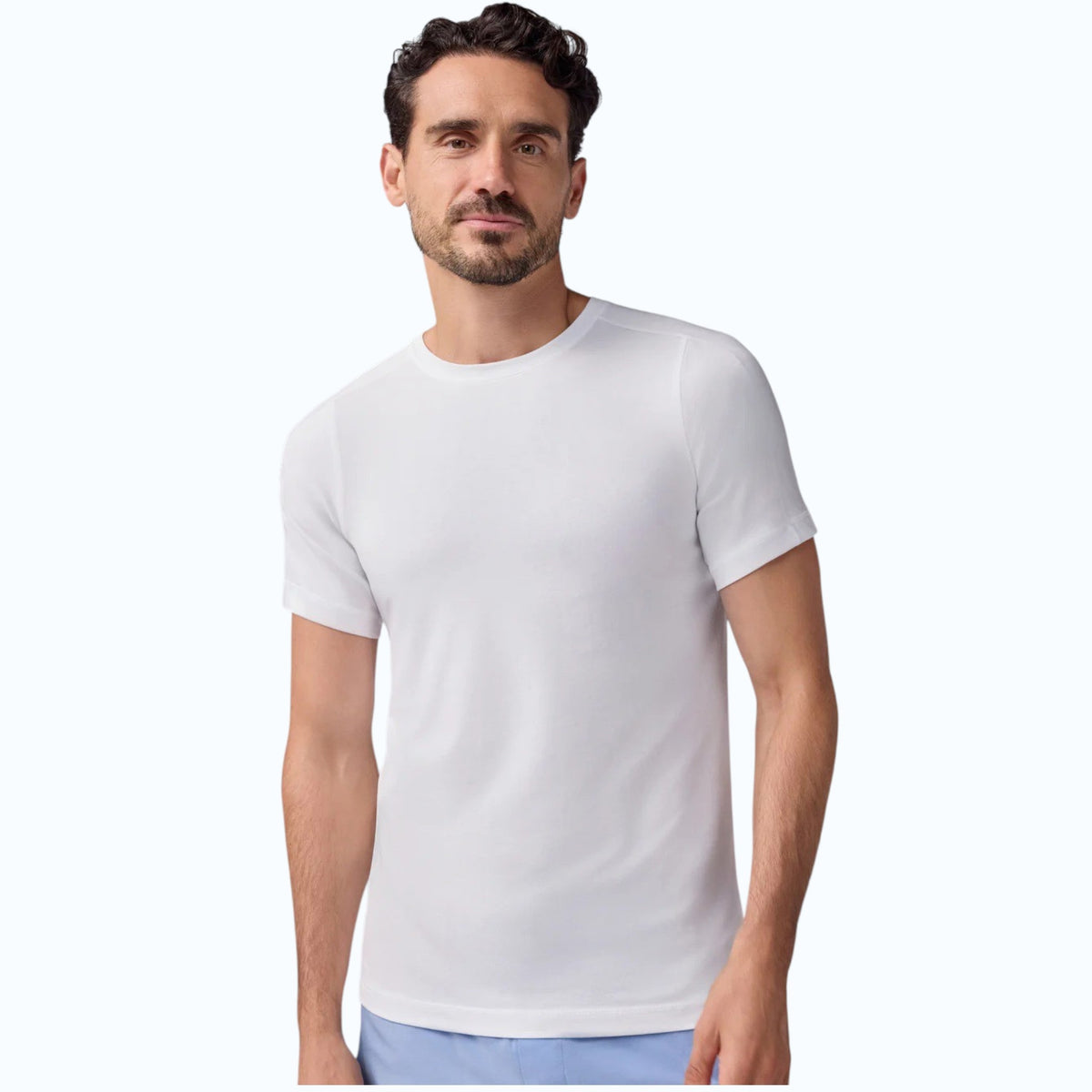 The MACK WELDON 18 Hour Jersey Crewneck Undershirt in Bright White is a slim-fit, short-sleeve tee crafted from soft jersey, shown laid flat on a white background.