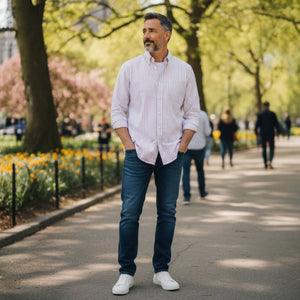 A man with short gray hair and a beard sits on a park bench wearing the FRANK & EILEEN Finbar men's button-up shirt in pink and blue multi stripe, blue jeans, and white sneakers. Behind him, people walk along a flower-lined path among trees.