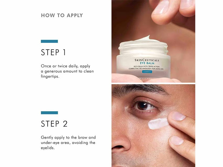 A jar of SKINCEUTICALS - EYE BALM, a hydrating eye cream from SKIN CEUTICALS, with a hand applying it. Apply generously to clean fingertips and gently pat onto brow and under-eye area, avoiding eyelids.