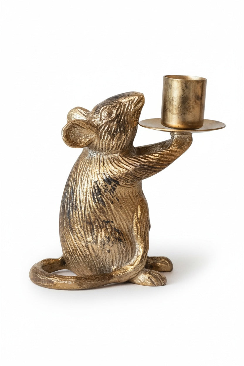 The CREATIVE COOP CAST ALUMINUM MOUSE TAPER HOLDER features a gold-colored mouse sitting upright and holding a candle cup on a plate with one paw.