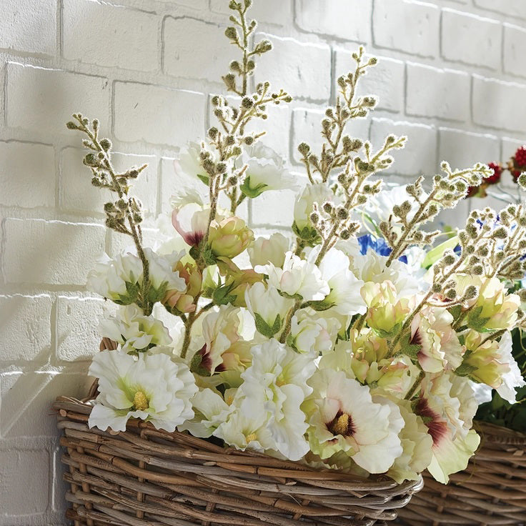 The NAPA HOME AND GARDEN - HOLLYHOCK STEM 36 is a tall, realistic artificial plant with white flowers and green leaves perfect for home decor. Arranged elegantly with unopened buds at the top, it adds a refined touch to any space against a white background.