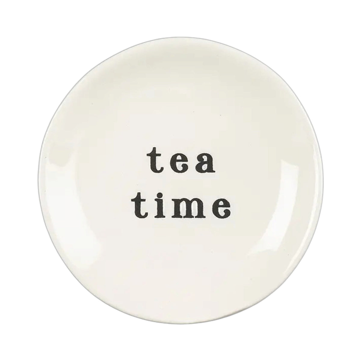 Small, round cream-colored TEA TIME SMALL CERAMIC PLATE with “tea time” printed in black in the center.