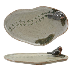Creative Co-Op oval STONEWARE TRAY WITH 3D BIRD AND BIRD TRACKS, featuring a molded 3D bird figurine on the edge and patterned bird tracks across the surface.