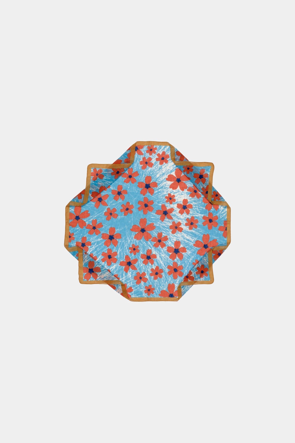 The EPICE - WARHOL BANDANA SCARF by EPICE features a purple base with a yellow floral pattern outlined in orange. It has crimped edges, an abstract Pop Art design, and vibrant hand-screen printed motifs on a plain white background.