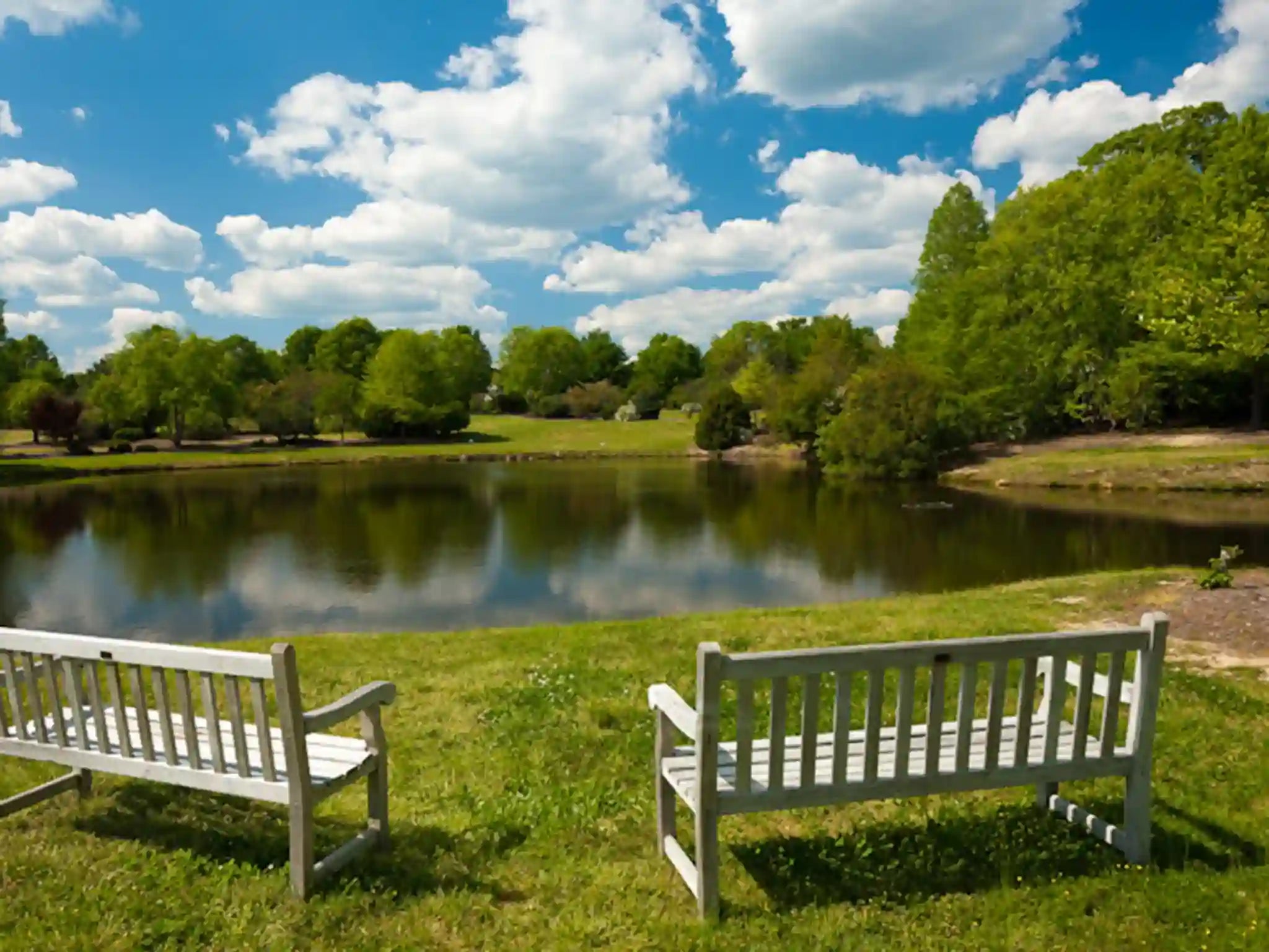 Two white benches sit on green grass facing a calm pond surrounded by trees under a blue sky with scattered fluffy white clouds.