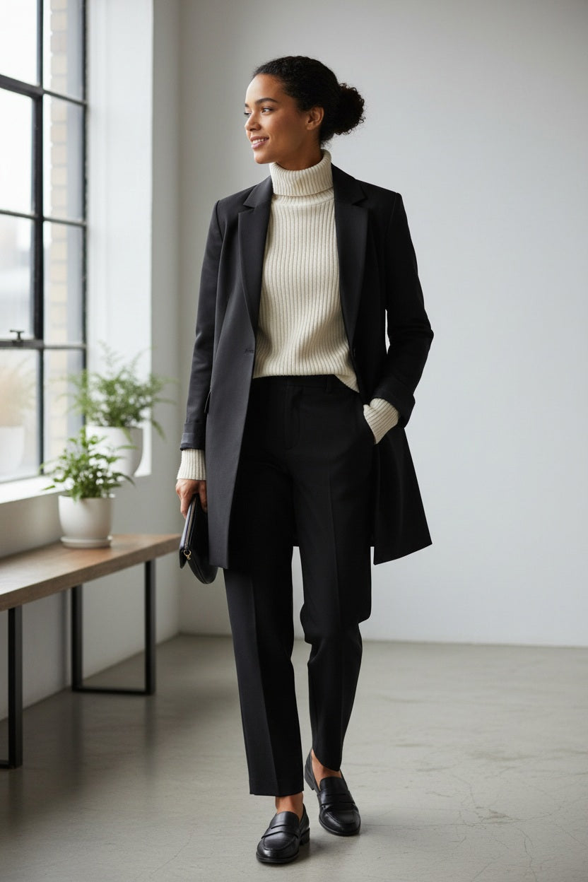 A woman with long brown hair stands with arms crossed against a plain white background, wearing a white turtleneck sweater under the BLACK BLAZER / JACKET by ALYKI LABORATORIO, paired with black pants.