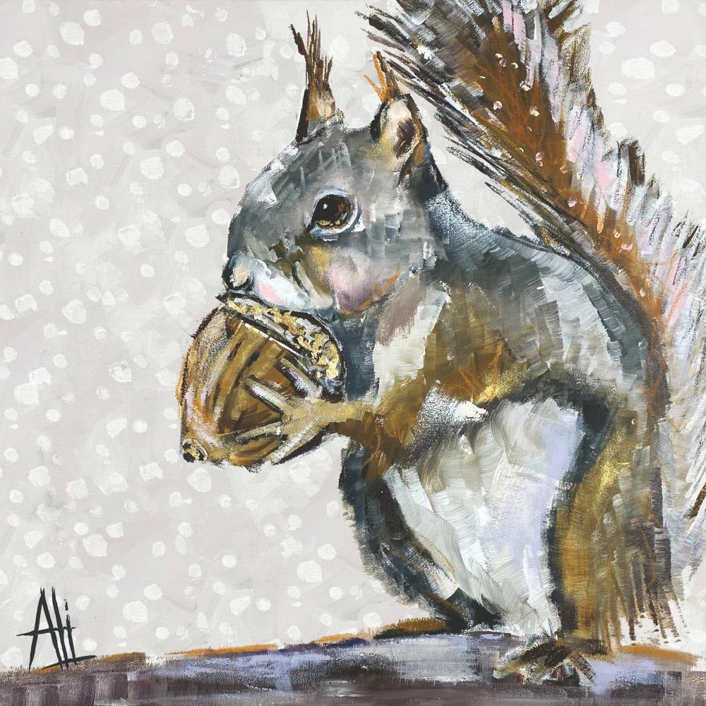 PAPER PRODUCTS DESIGN - SQUIRREL PORTRAIT BEVERAGE NAPKINS feature a charming painted squirrel with a nut, white polka dots on a light background, and artist Ali’s signature—perfect as 3-ply paper napkins for your drinks.