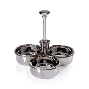 The ZODAX BASSO CONDIMENT TRIO WITH COCKTAIL PICK HOLDER is a durable stainless steel 7.75-inch serving tray featuring three round bowls and a central handle, ideal for serving snacks or condiments.