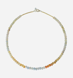 A woman wears the ANN LIGHTFOOT Multi Color Sapphire Ras Du Cou Necklace—a beaded choker by ANN LIGHTFOOT—paired with a textured beige sweater; the image highlights her neck and lower face.