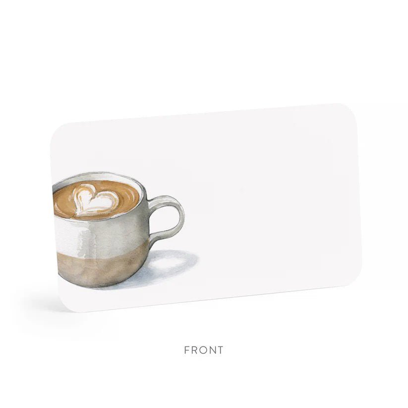 The "E. FRANCES PAPER - LATTE LITTLE NOTES" features a lovely watercolor illustration of a coffee cup with latte art, prominently displayed in clear packaging, inviting you to use all 85 notes generously.