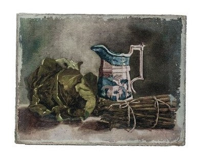 CREATIVE COOP’s CANVAS STILL LIFE WITH FRUIT OR VEGETABLES set features three small prints: a bowl with fruit, jars with apples, and leafy vegetables—perfect neutral-background wall art for your kitchen.