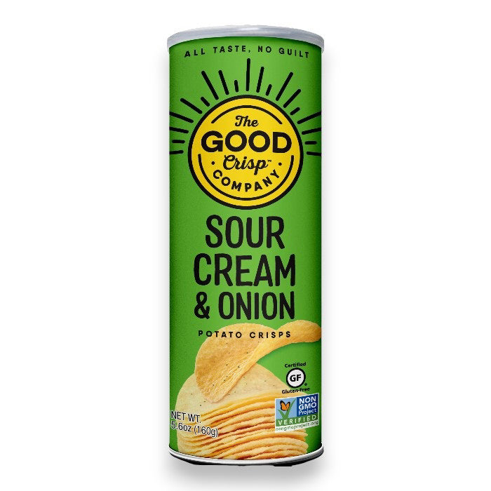 A cylindrical can of THE GOOD CRISP COMPANY Sour Cream and Onion Chips features a green label with bold black text. The lid reads "All Taste, No Guilt." Perfect for a lunchbox snack, the gluten-free can displays potato chips and has certifications for being non-GMO. Net weight: 5.6 oz.