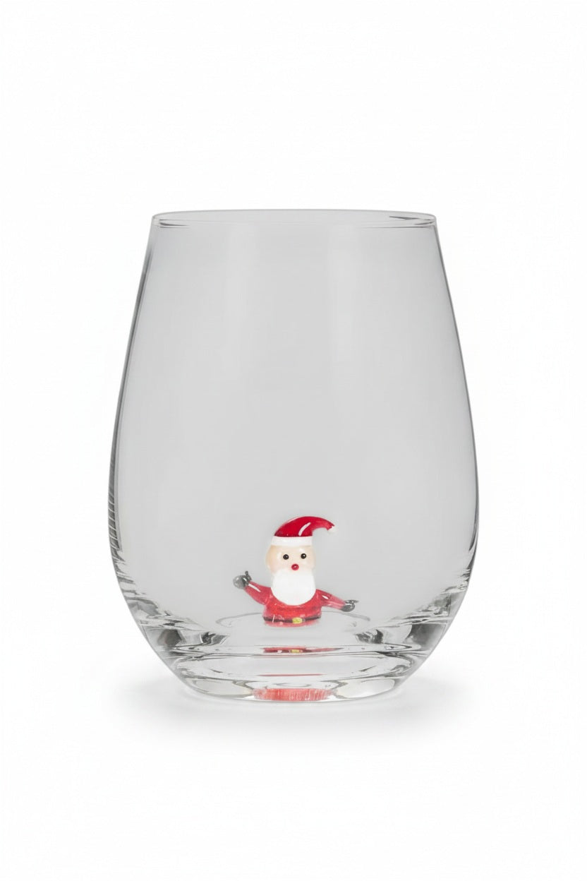 ABBOTT SANTA STEMLESS WINE GLASS featuring a clear stemless glass with a small, three-dimensional Santa Claus figurine fixed to the bottom of the interior.