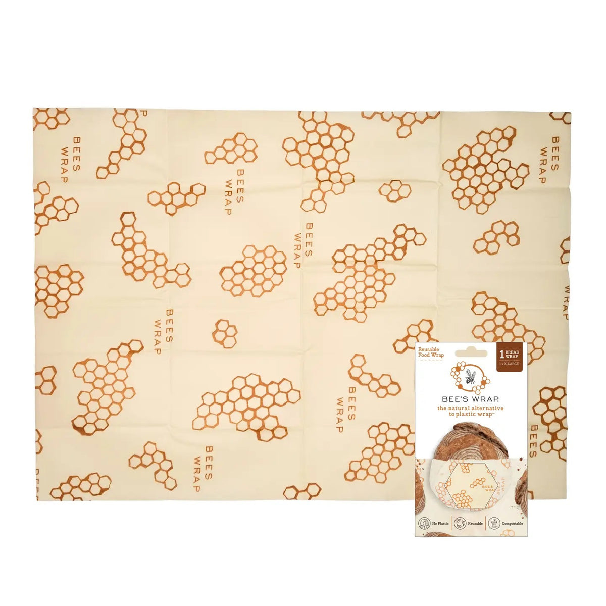 A baguette wrapped in the BEES WRAP- BEESWAX REUSABLE BREAD WRAP HONEYCOMB by BEES WRAP, filled with golden French fries and topped with two slices of bread and melted cheese, set against a white background.