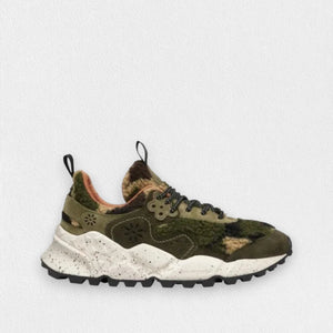 The FLOWER MOUNTAIN - KOKETSU SNEAKER by FLOWER MOUNTAIN/FALC USA features an olive-green teddy bear effect fabric upper, complemented by black laces on a white, speckled, ultra-lightweight rubber sole. The shoe includes a convenient loop at the heel, a distinctive flower-shaped accent near the laces, and is equipped with a rugged black outsole designed for optimal traction.