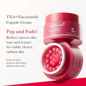 An open jar of GLOWISS MEDICUBE - TXA NIACINAMIDE CAPSULE CREAM shows pink capsules. Text highlights: reduces uneven skin tone, boosts clarity and glow with tranexamic acid. #PopandGlow #ImproveSkinClarity #RadiantGlassSkin.