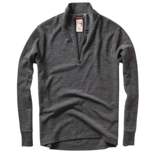 The RELWEN Wool and Cotton Quarter Zip in Charcoal Heather is laid flat on a white background, featuring long sleeves slightly bent at the sides and a collar partially unzipped.