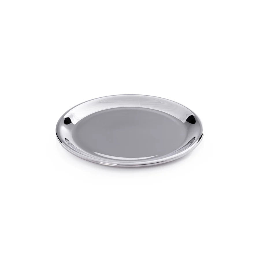 The ZODAX LOIRE WINE BOTTLE COASTER in a shiny nickel finish rests on wood, adding an elegant touch as it holds the base of a champagne bottle.