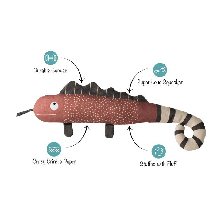 The FRINGE STUDIO - ONE IN A CHAMELEON CANVAS DOG TOY by PET SHOP BY FRINGE STUDIO is a plush toy designed to resemble a chameleon with a pink body, white speckles, and dark brown fins on its back. It features a black and white striped tail, stubby legs, and a smiling face with googly eyes. Made with non-toxic ink for safe play, this interactive dog toy is set against a plain white background.