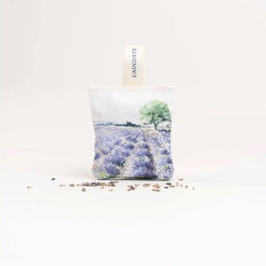 L'AUGUSTE PROVENCE - FRENCH LAVENDER SACHET AND GIFT BOX: includes two organic sachets with watercolor lavender field designs, "L'AUGUSTE" fabric tags, all elegantly presented in a box labeled “Fabriqué en Provence, FRANCE.”.