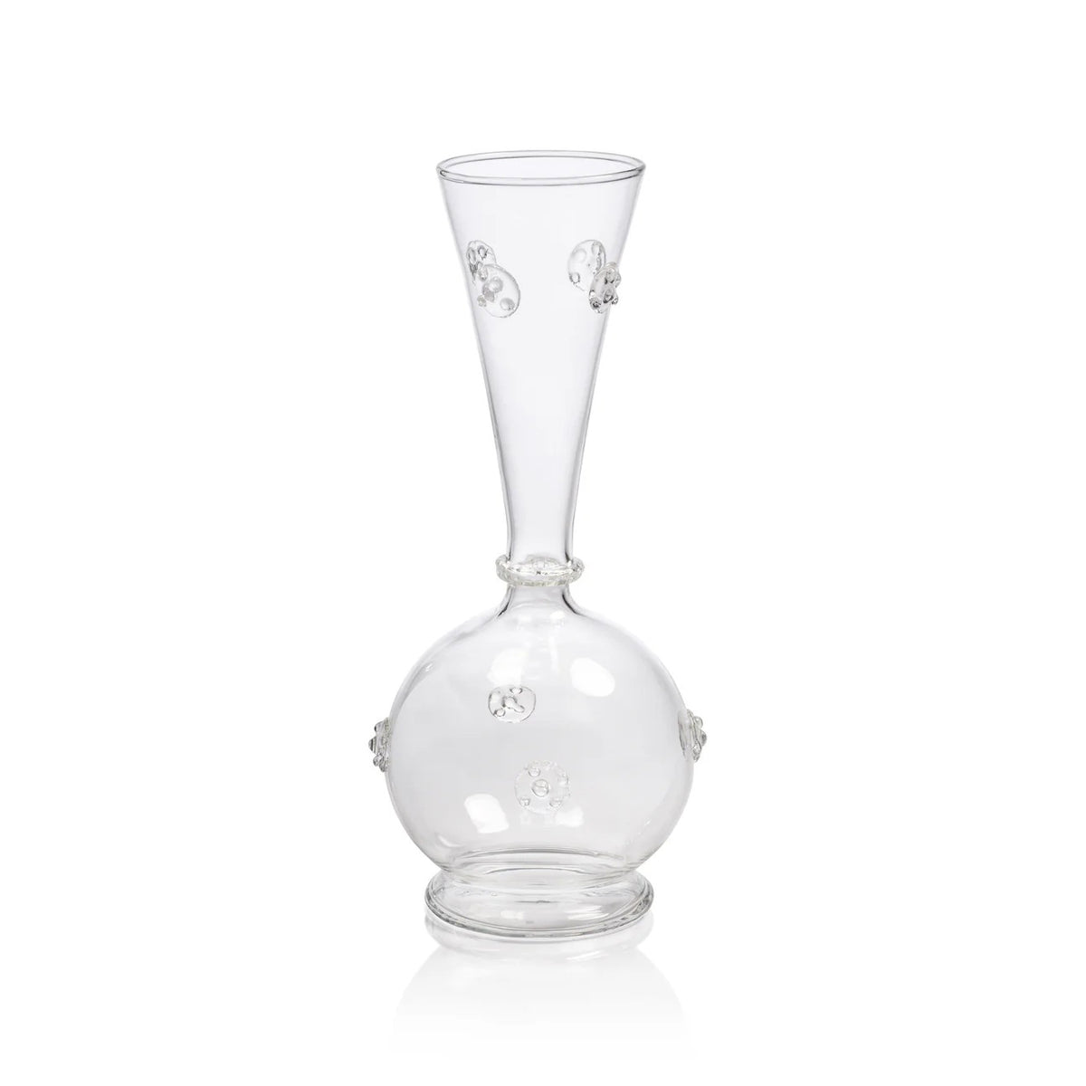 The VENDOME GLASS VASE - SMALL by ZODAX features a clear round base, tall narrow neck with decorative glass dots, stands on a circular foot, and measures 3 in x 7.75 in (7.62 cm x 19.69 cm).