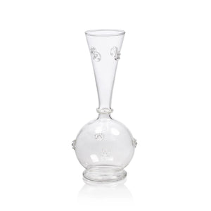 The VENDOME GLASS VASE - SMALL by ZODAX features a clear round base, tall narrow neck with decorative glass dots, stands on a circular foot, and measures 3 in x 7.75 in (7.62 cm x 19.69 cm).