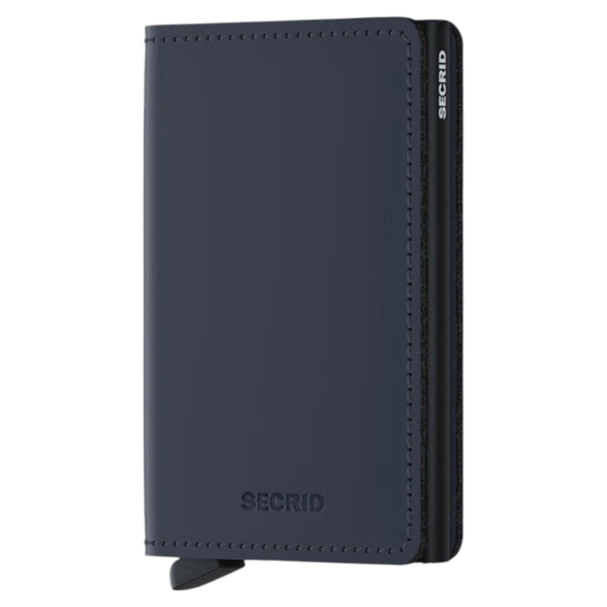 A SECRID - SLIMWALLET MATTE IN NIGHTBLUE is open, displaying euro banknotes and three credit cards neatly organized in RFID-protected slots, set against a white background.