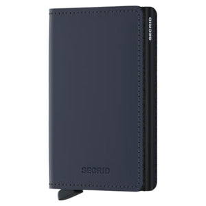 A SECRID - SLIMWALLET MATTE IN NIGHTBLUE is open, displaying euro banknotes and three credit cards neatly organized in RFID-protected slots, set against a white background.