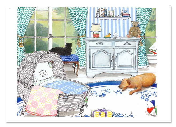 Illustration of a cozy room featuring striped wallpaper and leafy green curtains. A cat sits on a window seat while a dog sleeps on a blue rug nearby. A wicker crib adorned with a quilt adds to the warmth of the scene. The cabinet brims with toys and books, while boxed notes, envelopes, and the CIA BELLA - WAITING FOR BABY CARD by CIAO BELLA are scattered near the wrapped gift and ball on the floor.