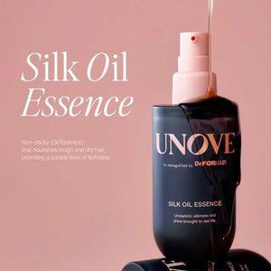 A blue UNOVE Silk Oil Hair Essence bottle from EXOD INTERNATIONAL, with a pink pump, offers lightweight nourishment for damaged hair. The label promises irresistible silkiness and shine for perfect frizz control, featured on a pristine white background.