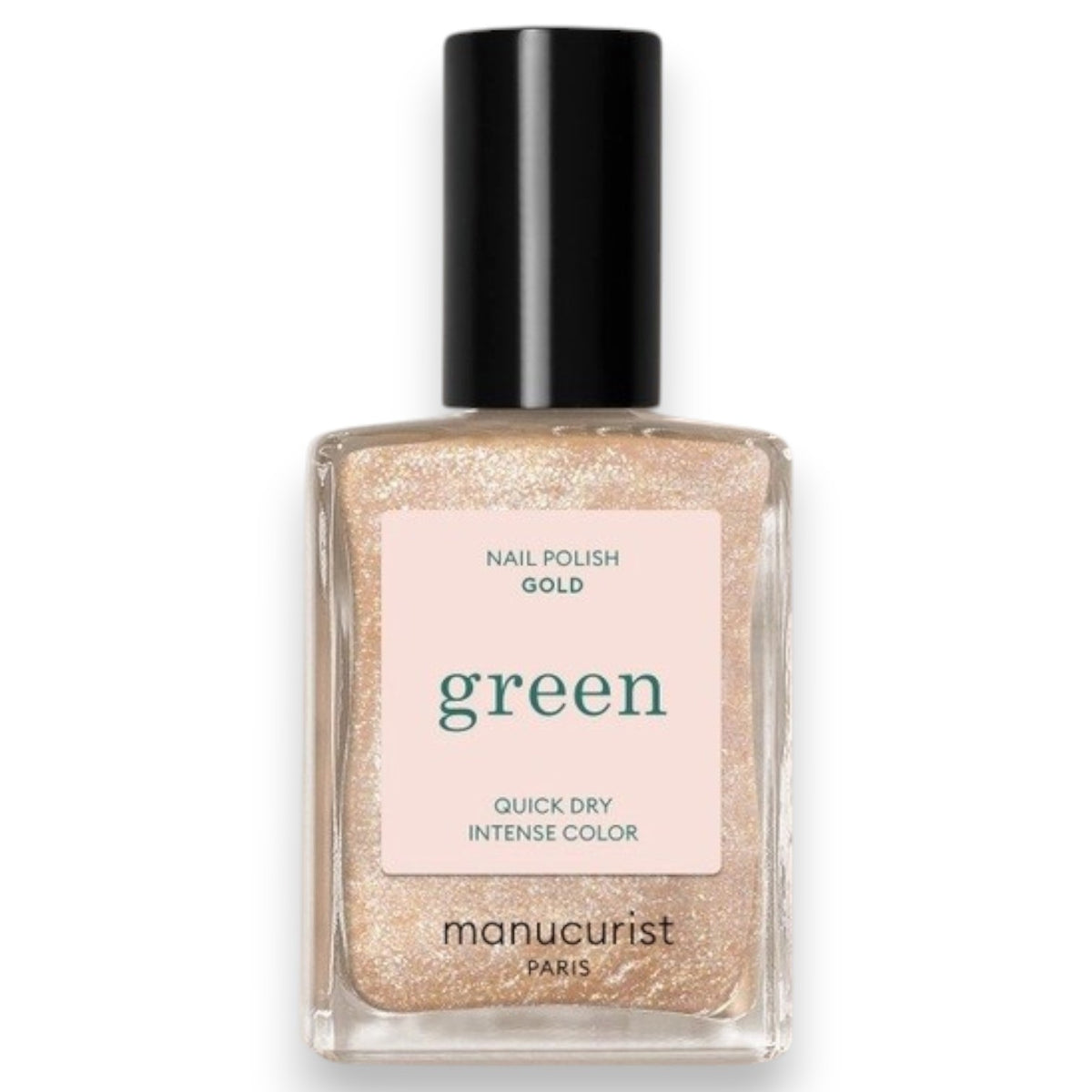 A hand with medium-brown skin displays short, neatly manicured nails painted with MANUCURIST - GREEN™ NAIL POLISH IN GOLD by MANUCURIST INC, featuring a shimmery pale gold glitter finish against a neutral beige background.