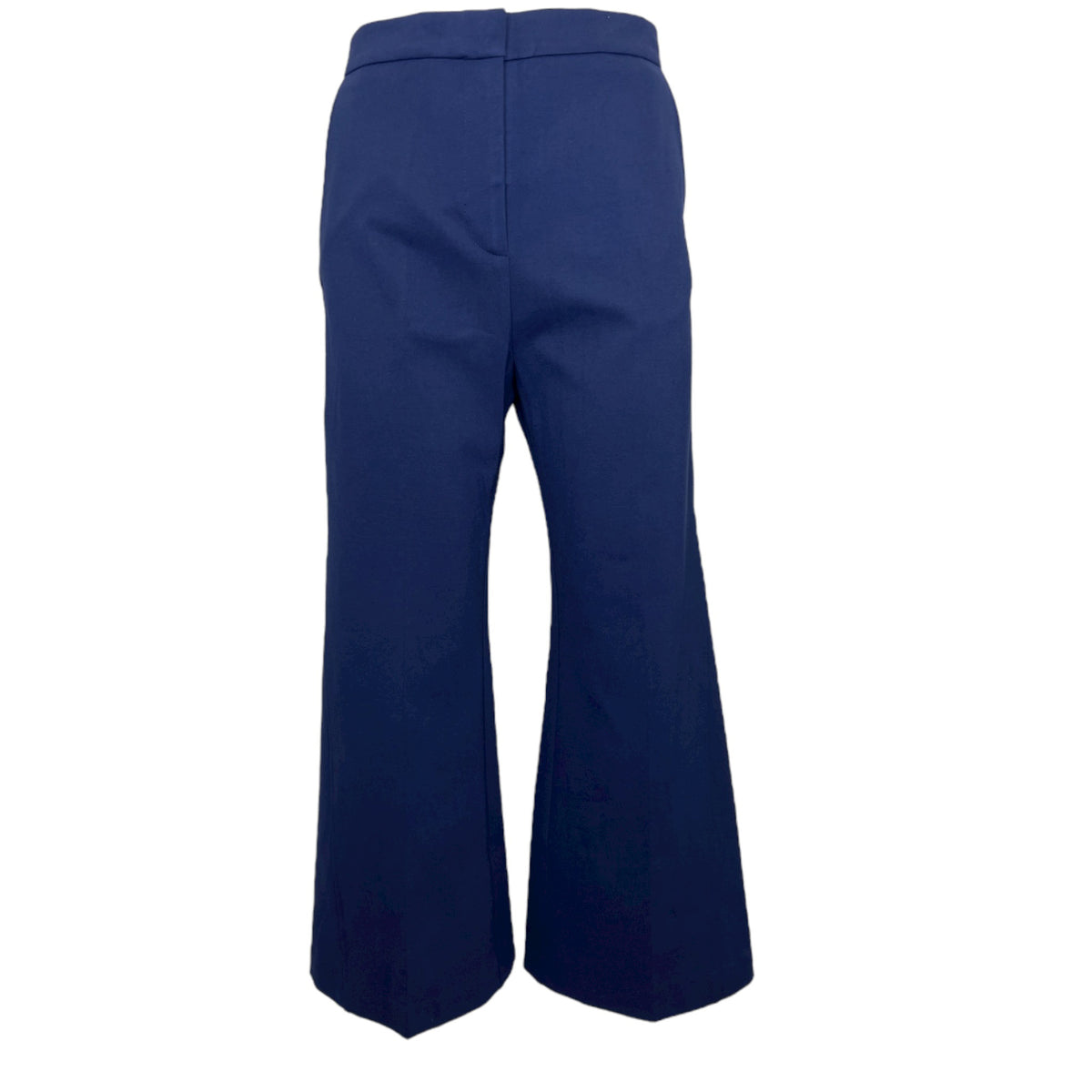 Back view of the MEIMEIJ - PONTE TROUSER in navy blue against a plain white background. These pants showcase a high-waisted design with minimalistic seams, flared legs, and a clean finish.