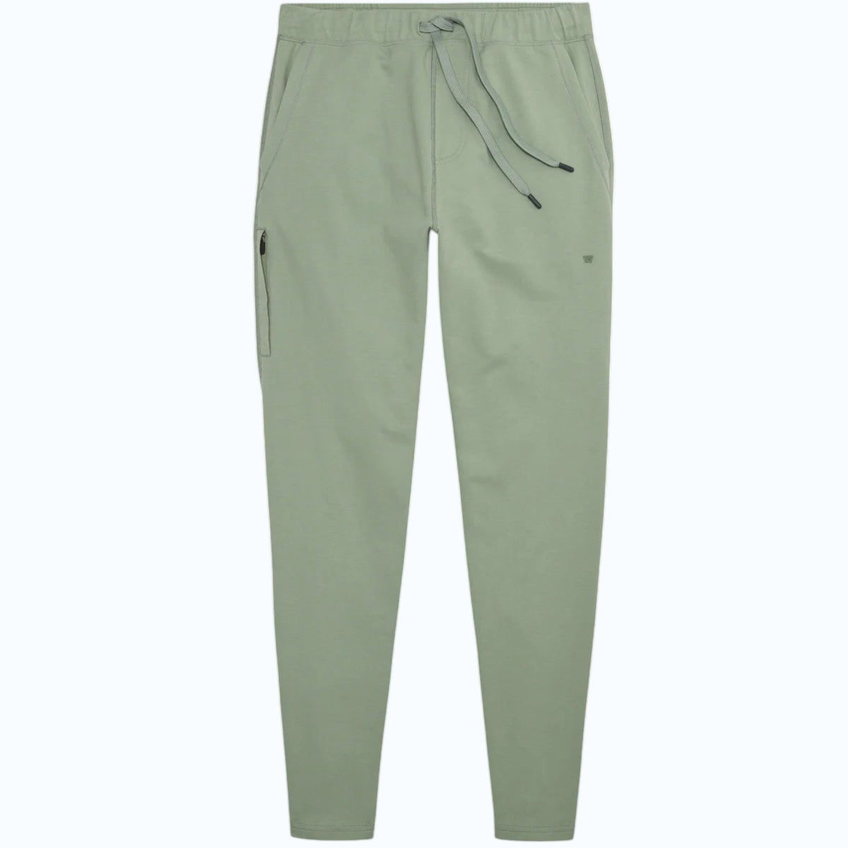 MACK WELDON Ace Sweatpants in Burnt Sage feature an elastic waistband, adjustable drawstring, zippered side pocket, and tapered legs for a tailored fit; shown flat on a plain background.