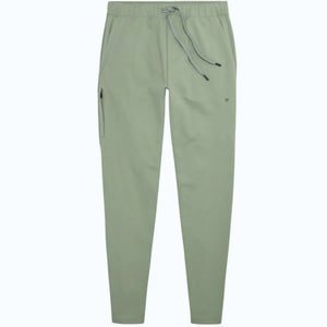 MACK WELDON Ace Sweatpants in Burnt Sage feature an elastic waistband, adjustable drawstring, zippered side pocket, and tapered legs for a tailored fit; shown flat on a plain background.