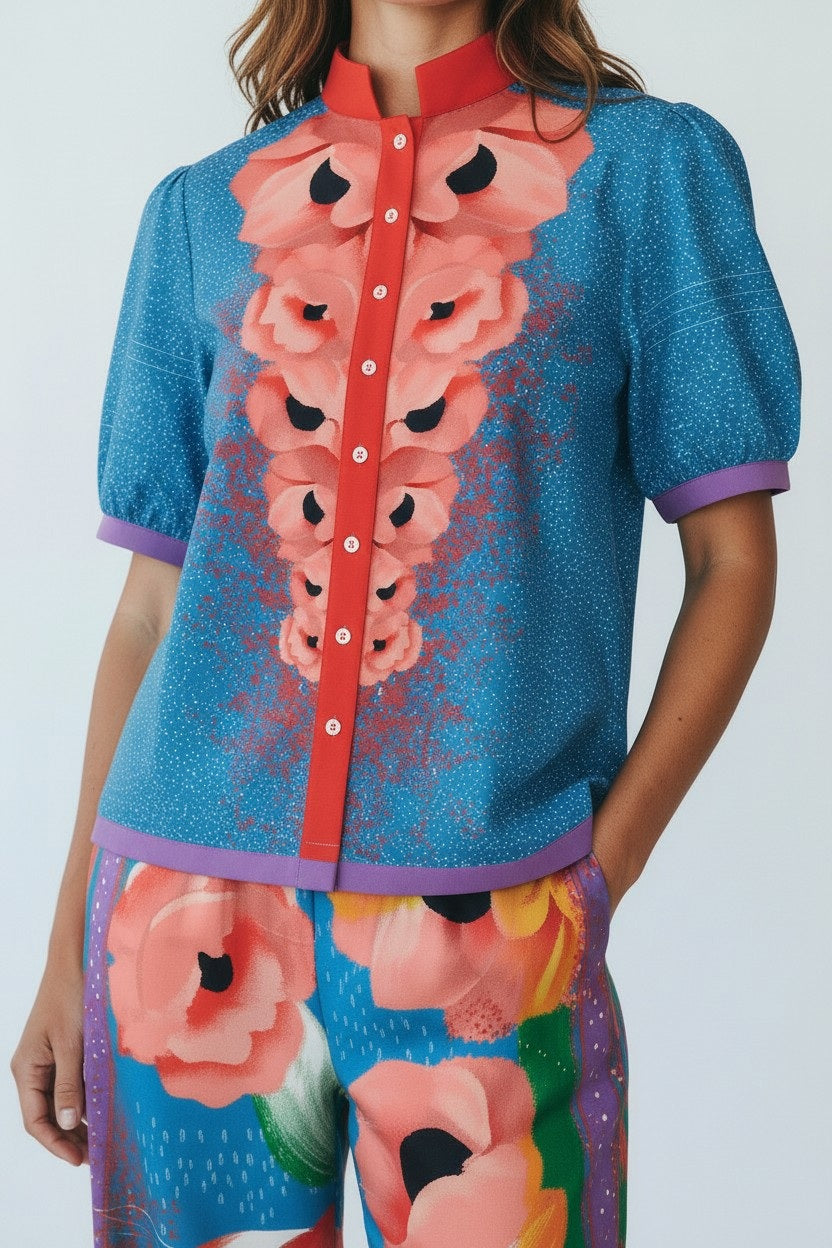 A woman wears the FRANCO FERRARI COTTON PRINT TOP, featuring bold pink and orange floral patterns, puffed sleeves, and a matching multicolored set. The Italian-made piece radiates vibrant style in a brightly lit room.