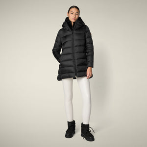 The SAVE THE DUCK - MATILDA PUFFER COAT is a black, mid-length women's jacket with a hood, horizontal quilting, front zipper, and animal-free recycled Plumtech padding, shown against a plain light background.