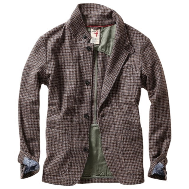 The RELWEN Heritage Trap Blazer in Brown and Blue Check features a brown and black plaid pattern, reminiscent of a classic check blazer, shown from the back with buttoned cuffs and a subtly wrinkled texture, laid flat on a white background.