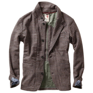 The RELWEN Heritage Trap Blazer in Brown and Blue Check features a brown and black plaid pattern, reminiscent of a classic check blazer, shown from the back with buttoned cuffs and a subtly wrinkled texture, laid flat on a white background.