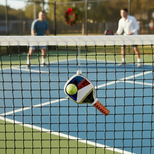 Cody Foster GLASS PICKLEBALL PADDLE ORNAMENT measuring 1.5 x 2.5 x 4 inches, featuring a colorful geometric design, a ribbed handle, and an attached ball.