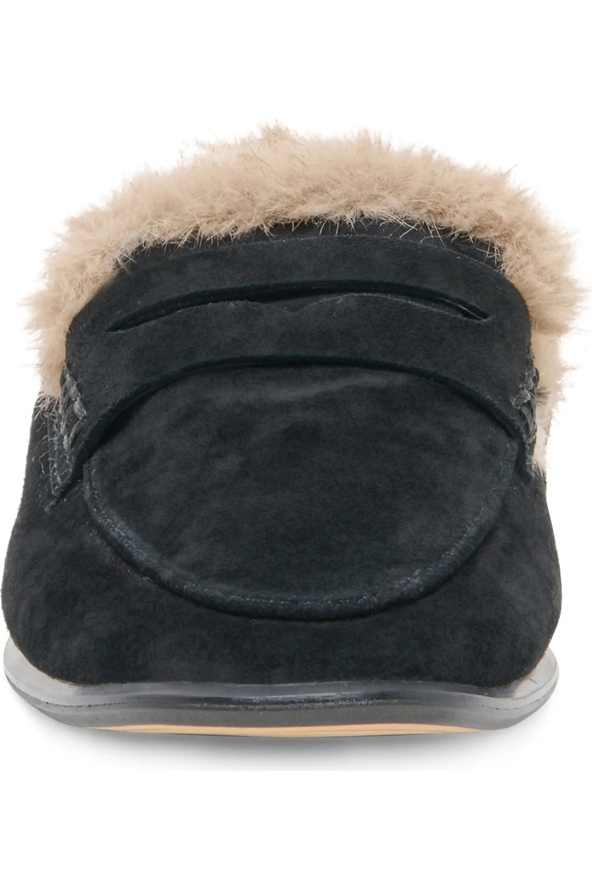 DOLCE VITA - CLOEY PLUSH LOAFERS IN ONYX SUEDE: black suede penny loafer with a collapsible heel and tan faux shearling lining.